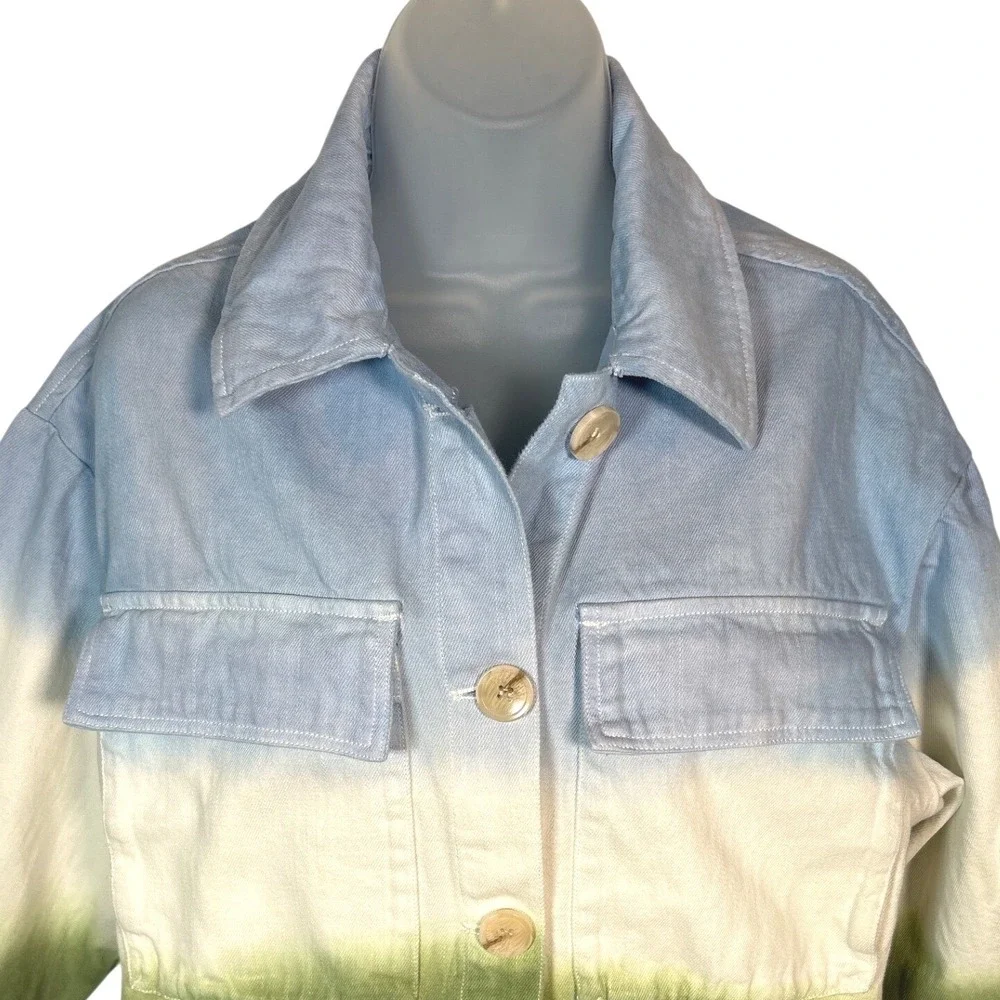 HEYSON Womens Shacket Jacket Ombre Blue White Green Button Front Cotton Small - Picture 2 of 7